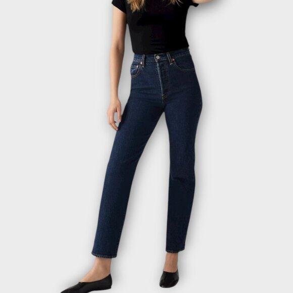 Levi's Ribcage Straight Ankle Premium Denim Dark Wash Jeans - Picture 1 of 16